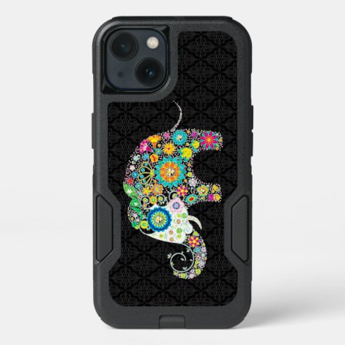 Colorful Floral Elephant Illustration On Black iPhone 13 Case