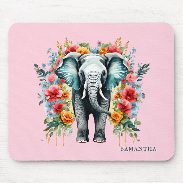 Colorful Floral Elephant Mouse Pad (Front)