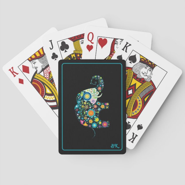 Colorful floral elephant on black poker cards (Back)