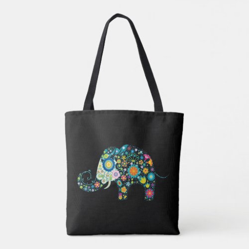 Colorful floral elephant on black tote bag