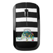 Colorful Floral Elephant On Black & White Stripes Wireless Mouse at Zazzle