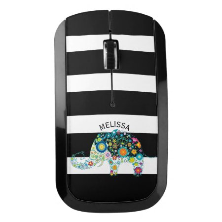 Colorful Floral Elephant On Black & White Stripes Wireless Mouse