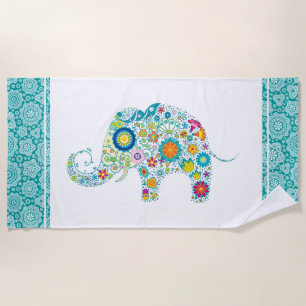Colorful Floral Elephant On White & Turquoise Beach Towel