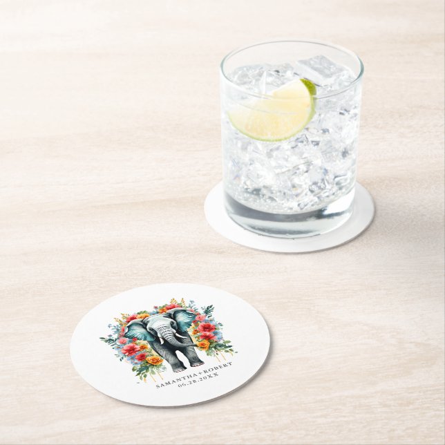 Colorful Floral Elephant Round Paper Coaster (Insitu)