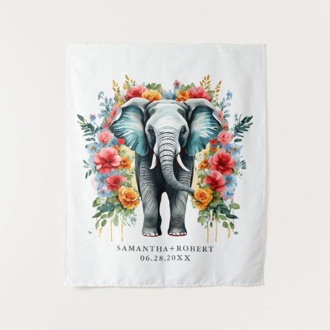Colorful Floral Elephant Tapestry (Front)
