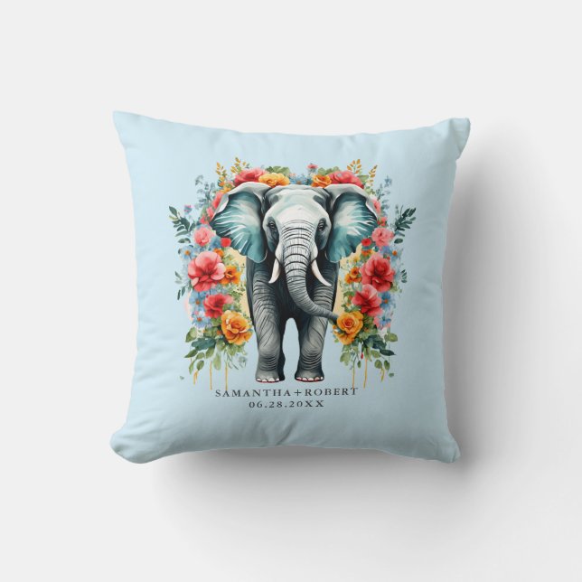 Colorful Floral Elephant Throw Pillow (Front)