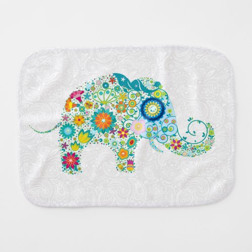 Colorful Floral Elephant White Background Baby Burp Cloth