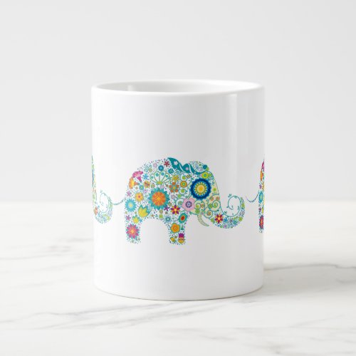 Colorful Floral Elephant White Floral Damasks Large Coffee Mug