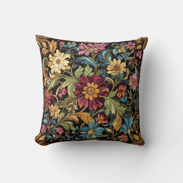 Colorful Floral Embroidered Pattern Throw Pillow (Front)