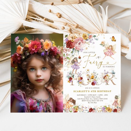 Colorful Floral Fairy Princess 4th Birthday Photo Invitation