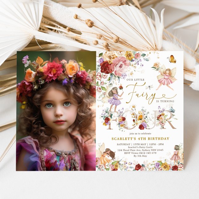 Colorful Floral Fairy Princess 4th Birthday Photo Invitation (Creator Uploaded)