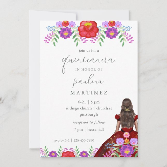Colorful Floral Fiesta Quinceañera Princess Invitation (Front)