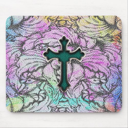 Colorful Floral Filigree Cross Mouse Pad