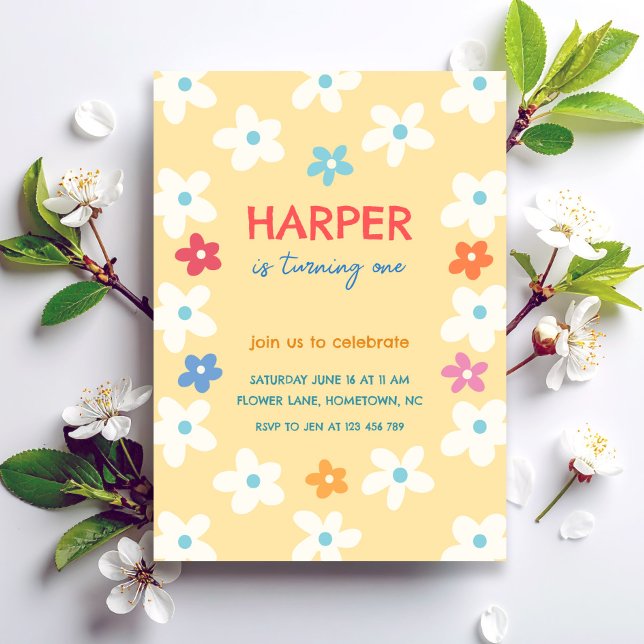Colorful Floral First Birthday Invitation (Creator Uploaded)
