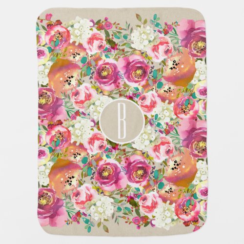 Colorful Floral Flowers Rustic Kraft Monogram Swaddle Blanket