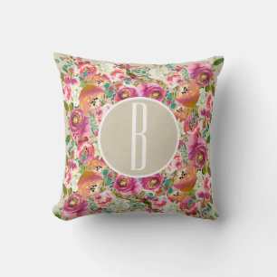 Colorful Floral Flowers Rustic Kraft Monogram Throw Pillow
