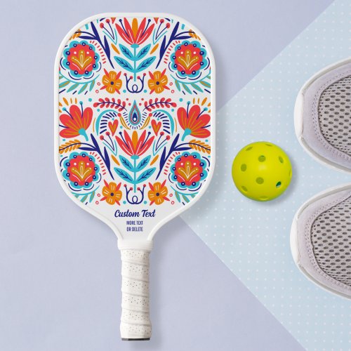 Colorful Floral Folk Pattern Custom Text Name Pickleball Paddle