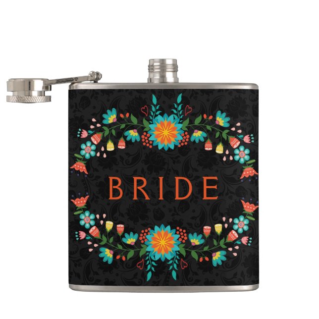Colorful Floral Frame Back Background Hip Flask (Opened)