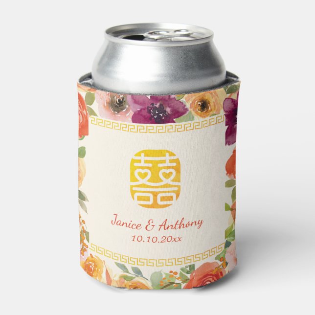 Colorful floral frame beige Chinese wedding  Can Cooler (Can Front)