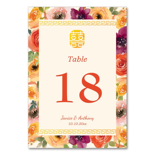 Colorful floral frame beige Chinese wedding Table Number (Front)