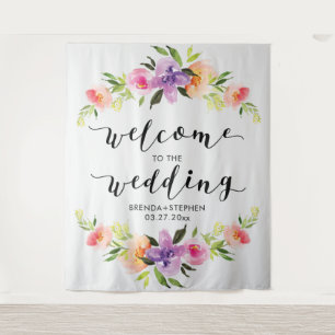 Colorful Floral Frame & Modern Wedding Typography Tapestry