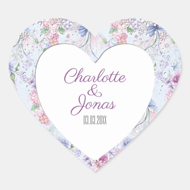 Colorful Floral Frame- Save The Date Heart Sticker (Front)