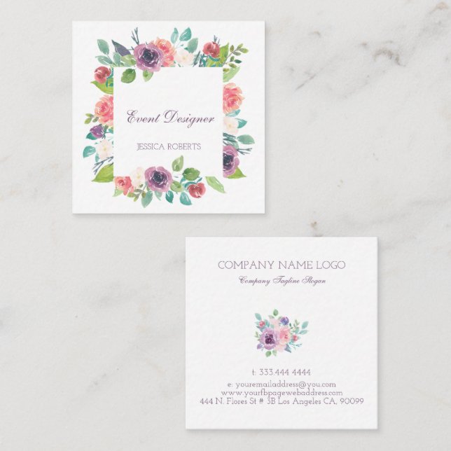 Colorful floral frame square business card (Front/Back)