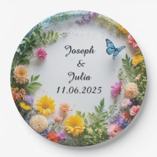 Colorful Floral Frame with Blue Butterfly Paper Plates