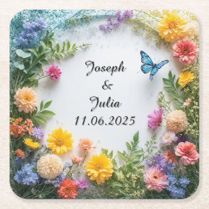 Colorful Floral Frame with Blue Butterfly Square Paper Coaster