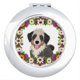 Colorful Floral Frame with Cute Dog Illustration Compact Mirror