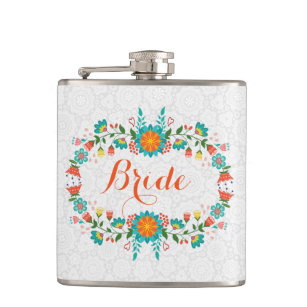 Colorful Floral Frame With White Background Hip Flask