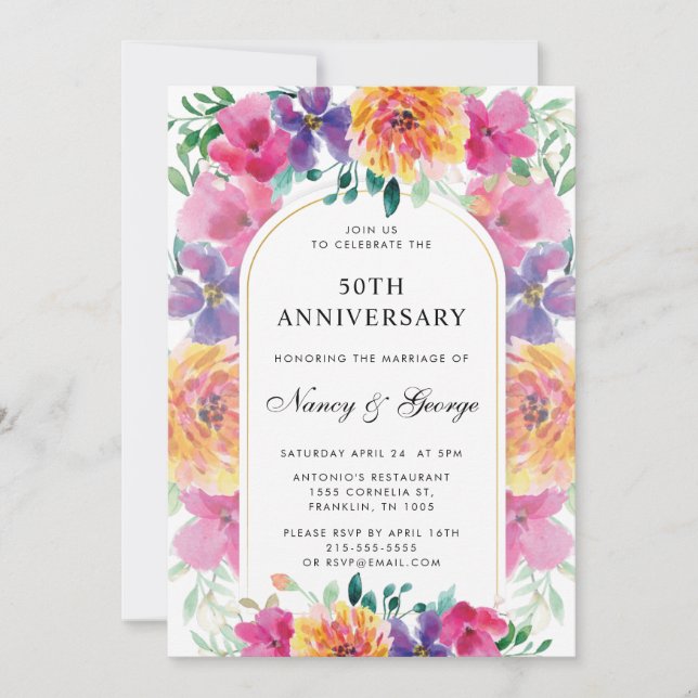 Colorful Floral Garden 50th Wedding Anniversary Invitation (Front)