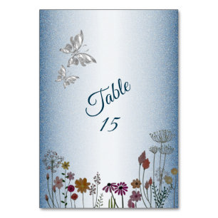 Colorful Floral Garden Blue Glitter Wedding Party Table Number