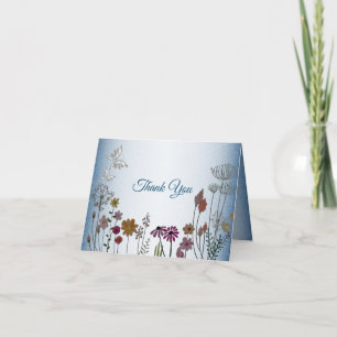 Colorful Floral Garden Blue Shiny Glitter Wedding Thank You Card