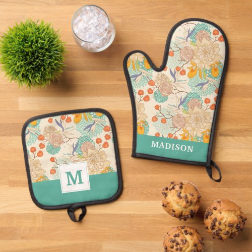 Colorful Floral Garden Pattern Oven Mitt  Pot Holder Set