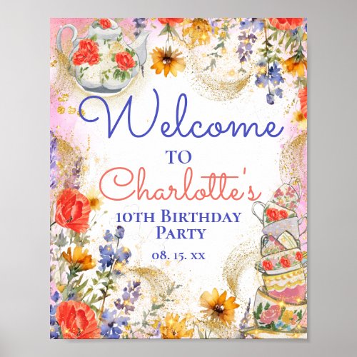 Colorful Floral Garden Tea Party Birthday Welcome Poster