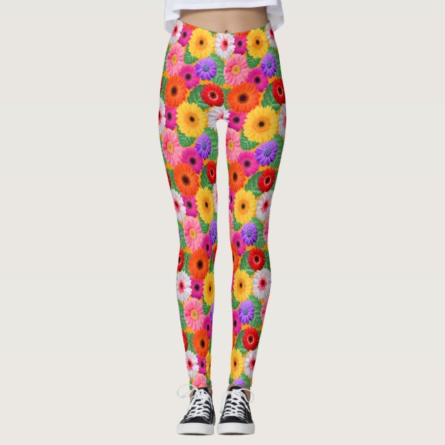 Colorful Floral Gerbera Daisies Fun Chic Botanical Leggings (Front)