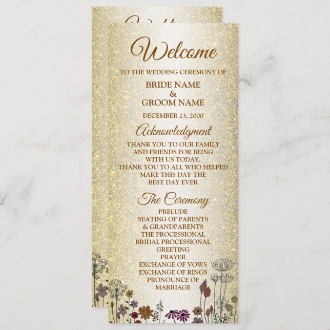 Colorful Floral Golden Glitter Wedding Program (Front/Back)