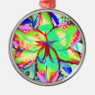 Colorful floral green pink lily tropical flowers metal ornament