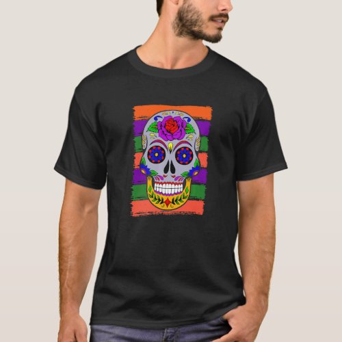 Colorful Floral Halloween Skeleton Bones Sugar Sku T_Shirt