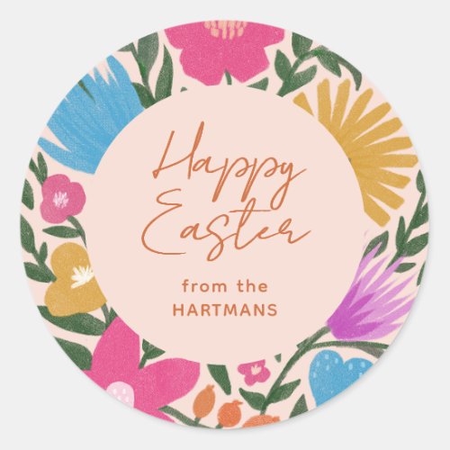 Colorful Floral Happy Easter Name  Orange  Classic Round Sticker