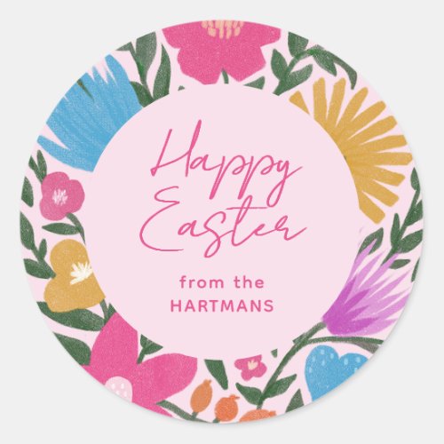 Colorful Floral Happy Easter Name  Pink Classic Round Sticker