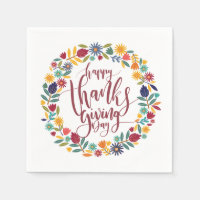 Colorful Floral Happy Thanksgiving | Napkin