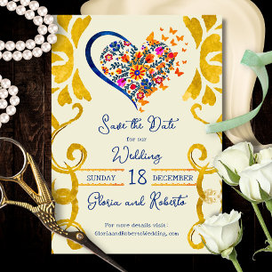 Colorful Floral Heart Baroque Mexican Wedding Save The Date