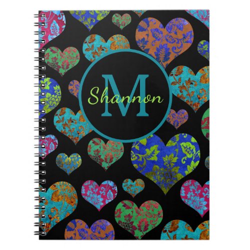 Colorful floral heart pattern monogram name notebook