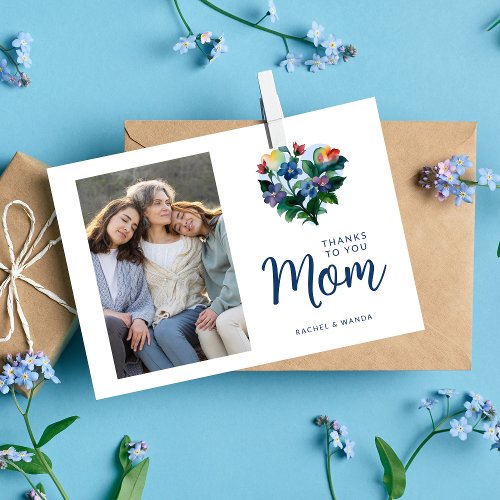 Colorful Floral Heart Photo with Photo for MOM Card