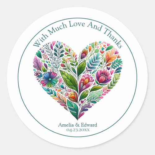 Colorful Floral Heart Thank You Favor Classic Round Sticker