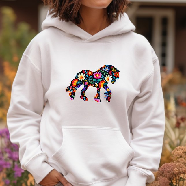 Colorful Floral Horse Ladies Hooded Sweatshirt  (Ash (very very light gray)Floral draft horse on sweatshirt hoodie.)