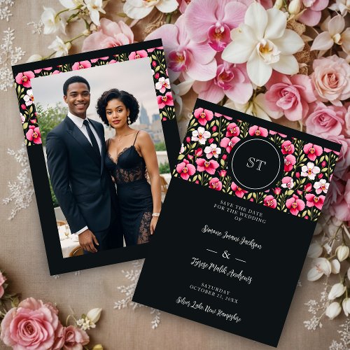 Colorful Floral Hot Pink Orchids On Black Photo Save The Date