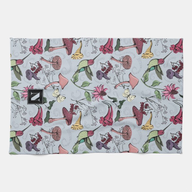 Colorful Floral Hummingbird Garden Light Blue Kitchen Towel (Horizontal)